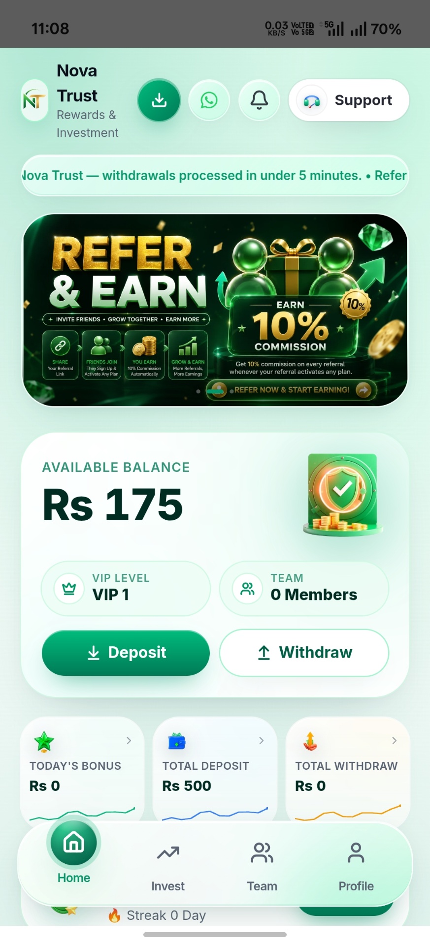 Nova Trust app home screen showing account overview