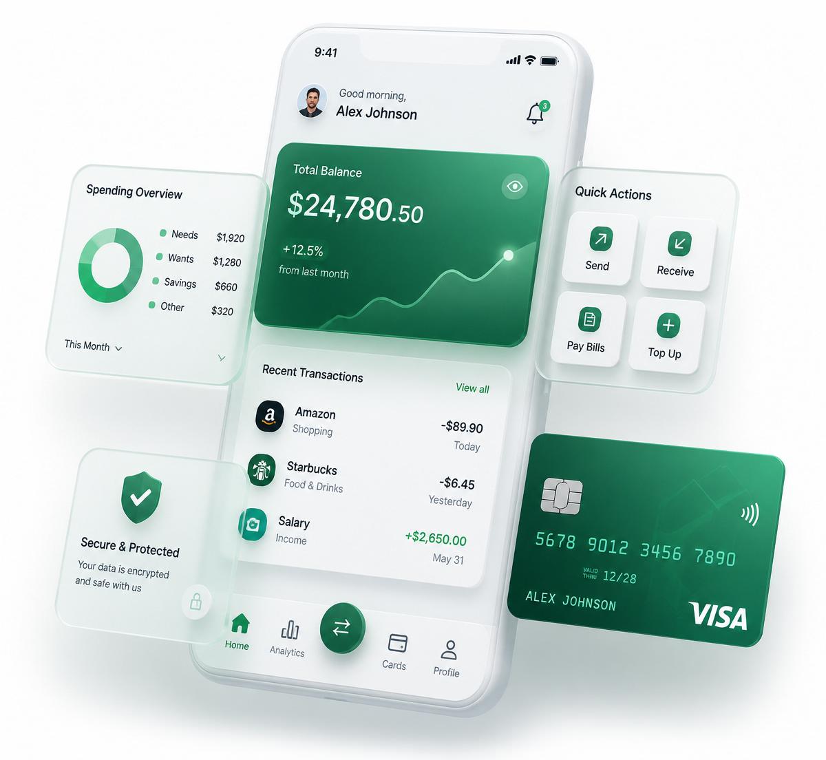 Nova Trust mobile banking dashboard showing balance, spending overview and recent transactions